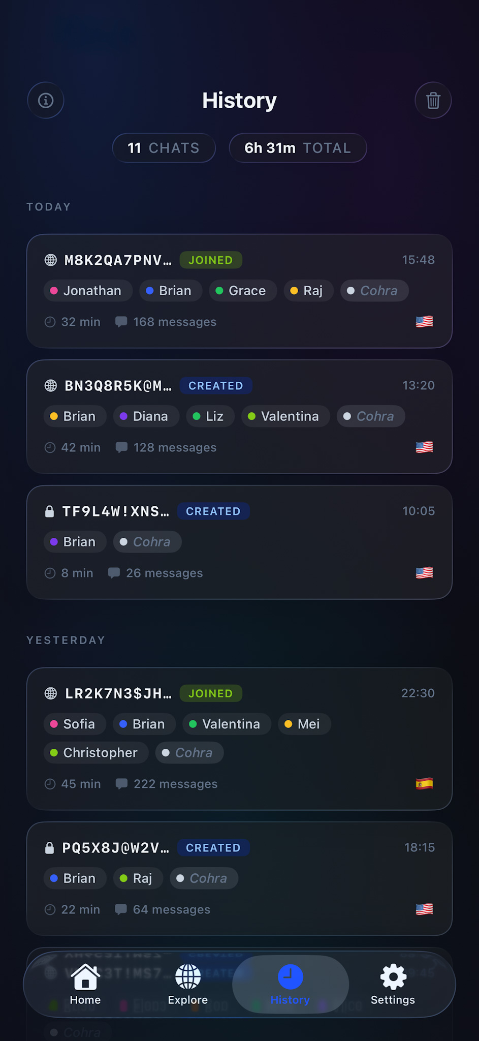 Cohra history — Past chats and recaps (dark)