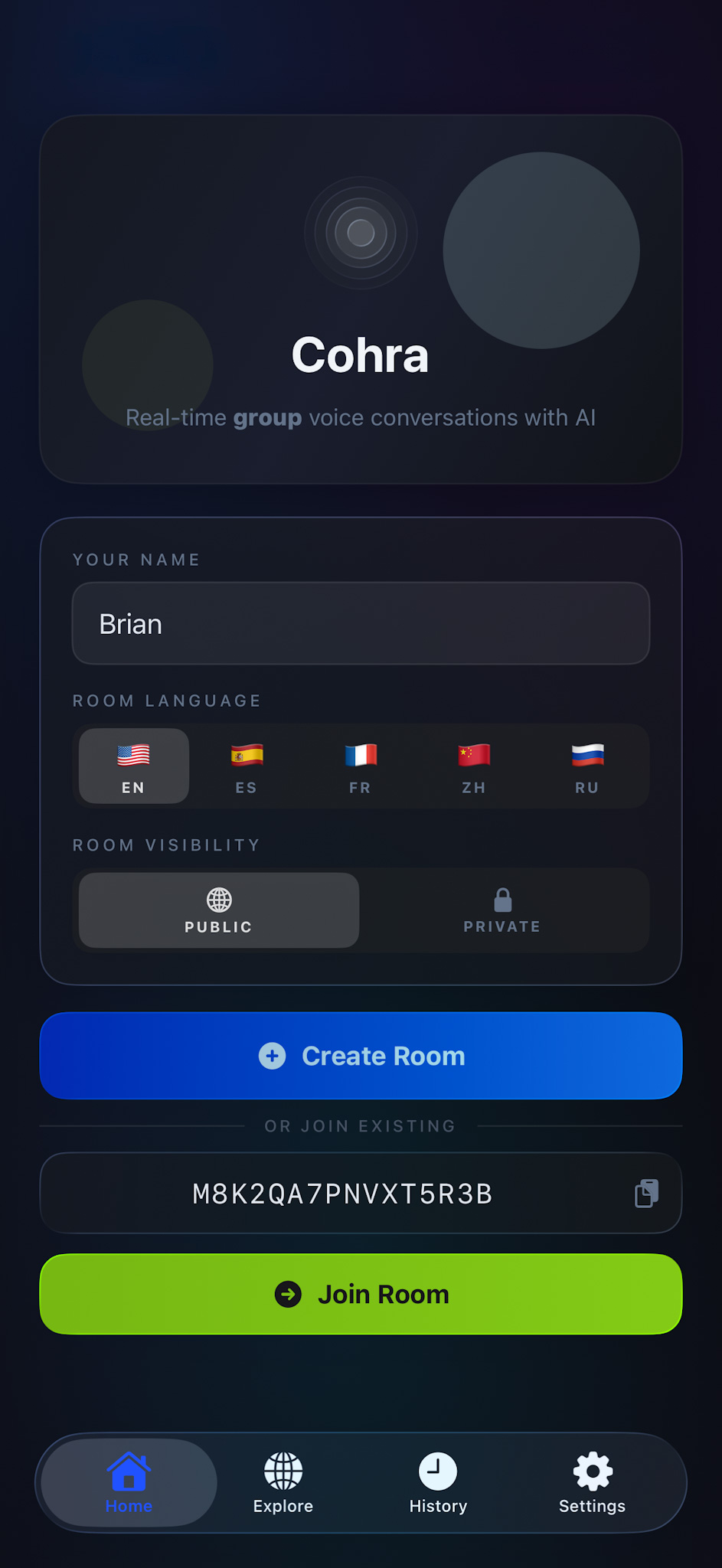 Cohra home — Create or join a room (dark)