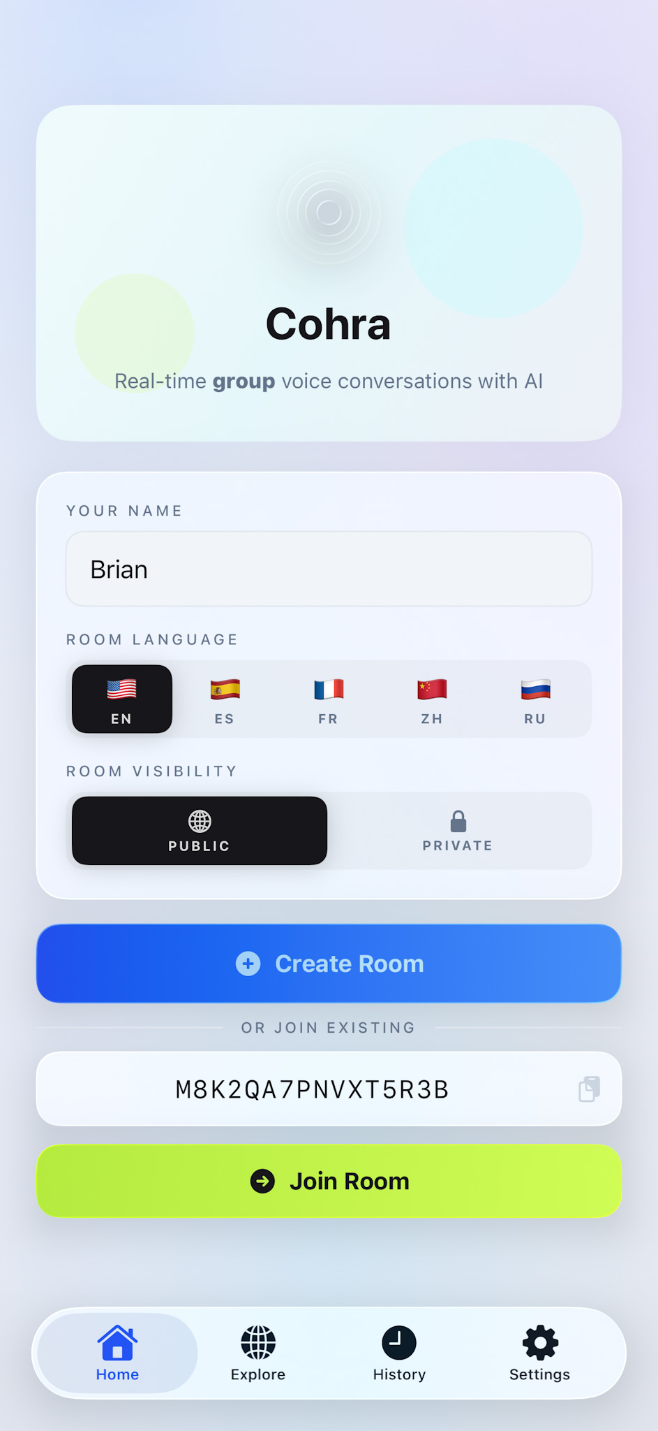 Cohra home — Create or join a room
