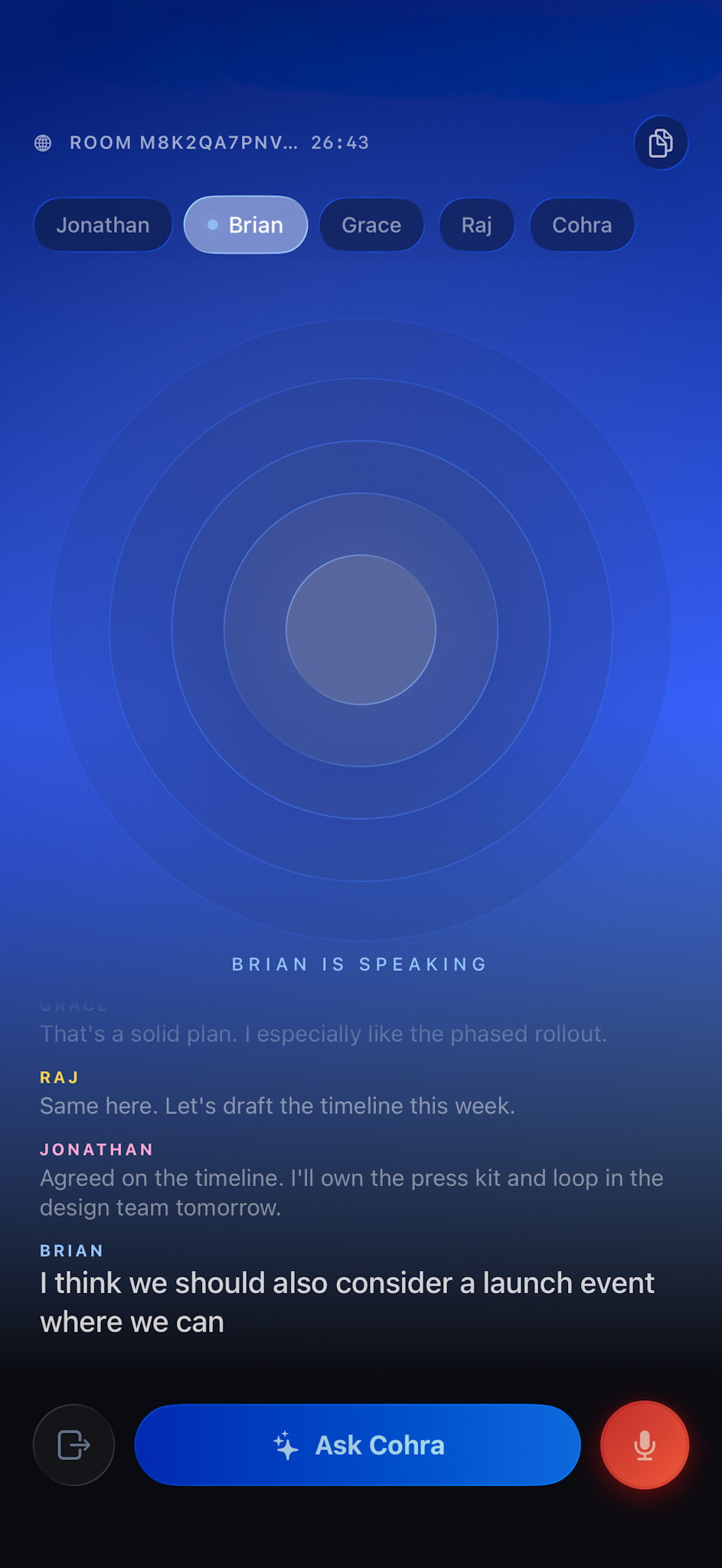 Cohra in session — Active speaking visualizer (dark)